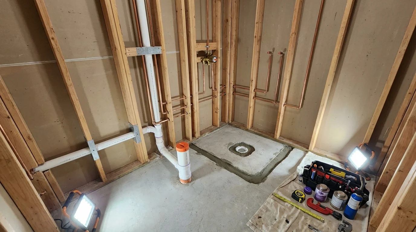 Bathroom rough-in plumbing during remodel by Johns Plumbing LLC in Leicester