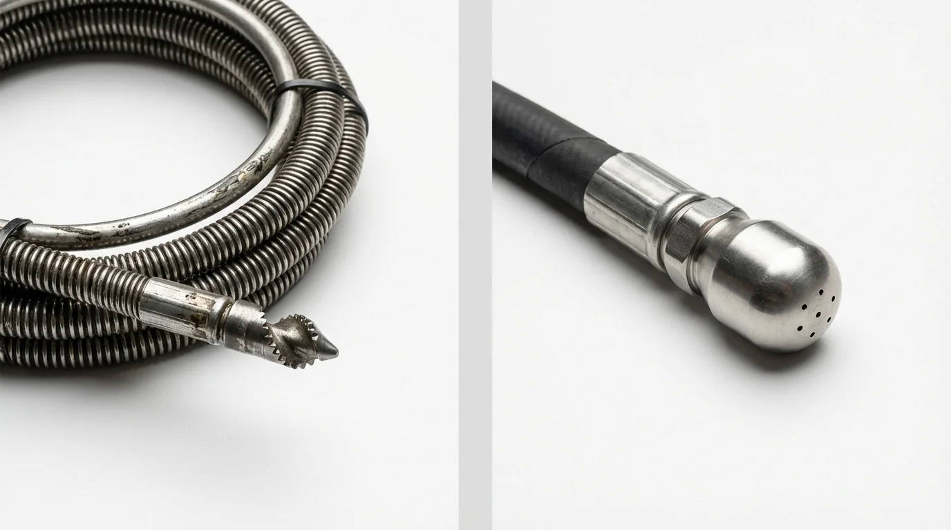 Drain snake cable and hydro jetting nozzle used for drain cleaning in Leicester, MA