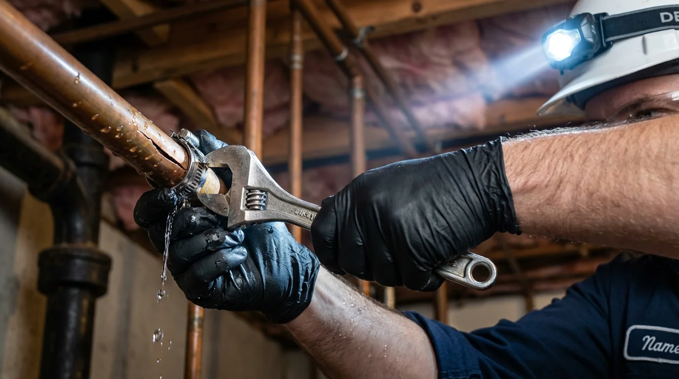 Emergency pipe clamp repair being performed by a Johns Plumbing LLC plumber in Leicester