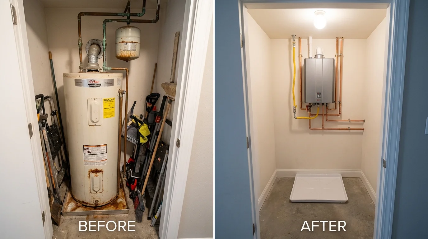 Tank water heater versus wall-mounted tankless unit comparison for Leicester, MA homeowners