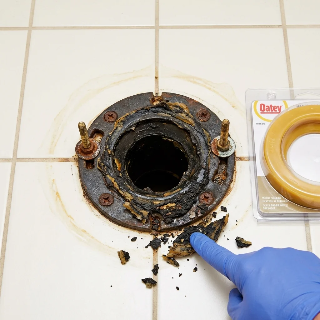 Failed wax ring showing water seepage at the base of a toilet in a Leicester, MA home