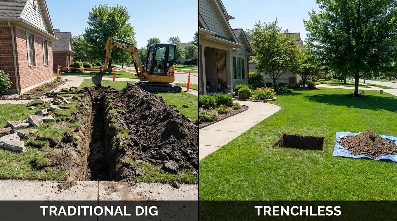 Trenchless sewer repair with minimal yard damage versus traditional excavation in Leicester, MA