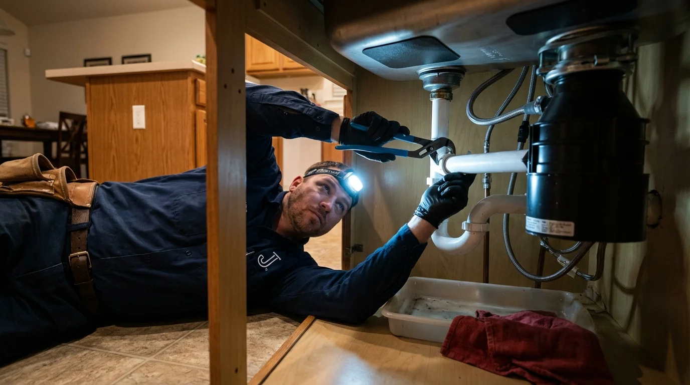 P-trap and supply line connections under a kitchen sink showing a common leak point in Leicester, MA
